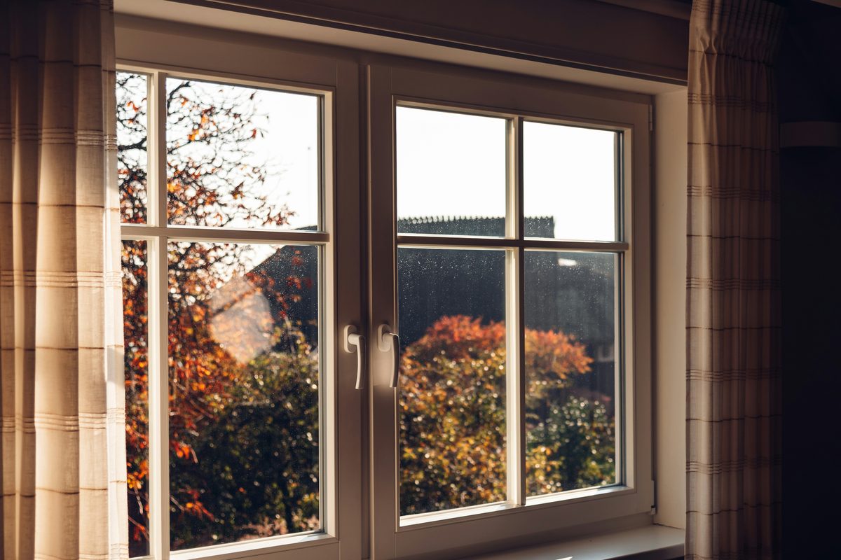 Een wit raam met twee vleugels en een vensterbank, met herfstbomen buiten